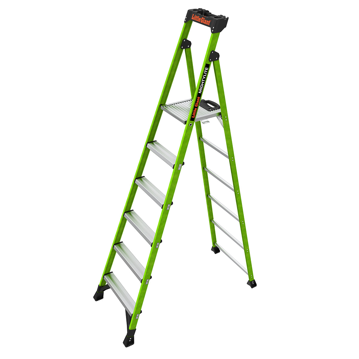 The LITTLE GIANT 15398-001 MightyLite IA is an 8 ft., green and silver fiberglass stepladder with six steps, a black top tray, and a 300 lb. load capacity, shown open on a white background.